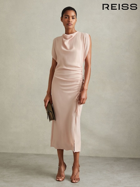 Reiss Pale Pink Bonnie Ruched Cowl Neck Midi Dress (B47994) | €122