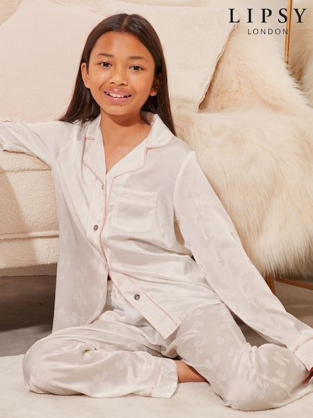 Lipsy White Bow Jacquard Satin Pyjamas (5-16yrs) (B48019) | €25 - €33