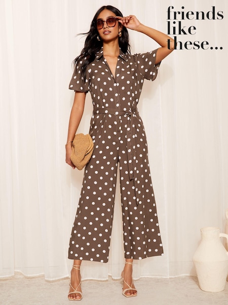 Friends Like These Brown Petite Collar Button Through Culotte Jumpsuit (B48024) | AED140