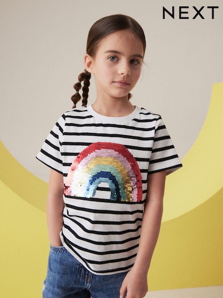 črna/bela - Sequin Rainbow Stripe 100% Cotton T-Shirt (3-16yrs) (B48052) | € 11 - € 16