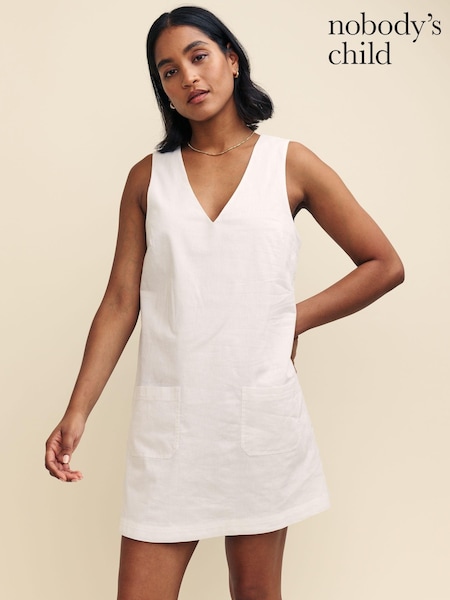 Nobody's Child White Pinny Piper Plain Cotton/Linen Mix Mini Dress (B48085) | €34
