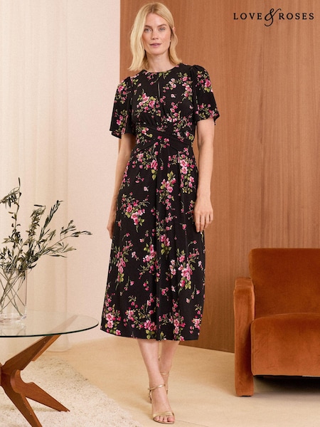 Love & Roses Black and Pink Floral Flutter Sleeve Wrap Front Jersey Midi Dress (B48323) | €22