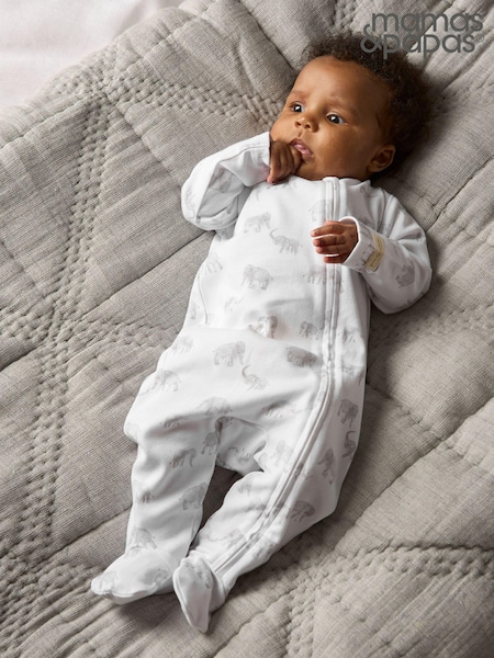 Mamas & Papas 100% Cotton Elephant Print White Sleepsuit (B48352) | €22