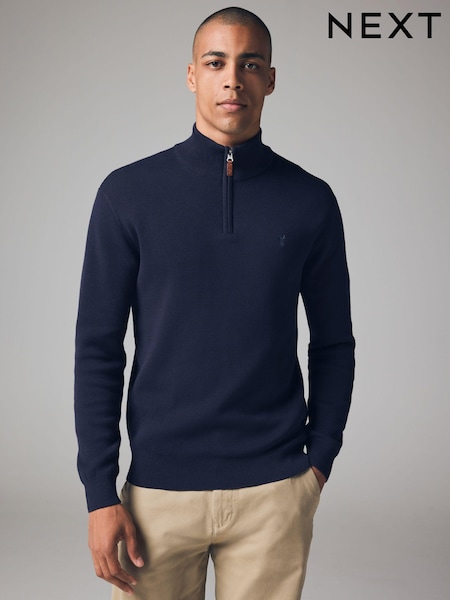 Navy Blue Stag Plain Regular Fit 100% Cotton Premium Quarter Zip Jumper (B48368) | AED171
