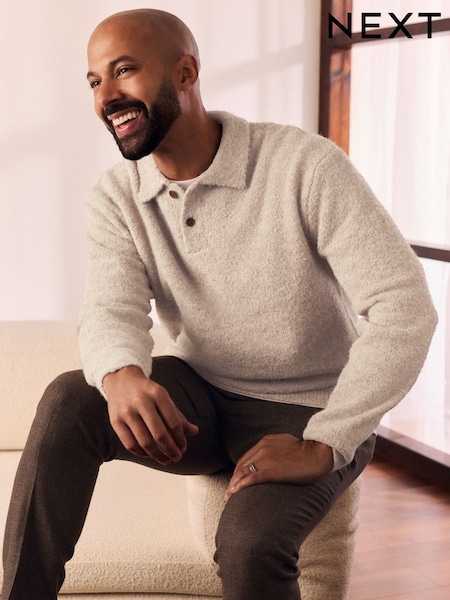 Neutral Relaxed Fit Bouclé Texture Polo Neck Jumper (B48513) | €21
