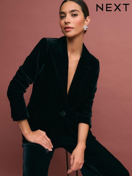 Black Tailored Velvet Single Breasted Blazer (B48577) | 207 QAR