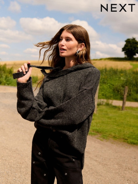 Hiilenharmaa - Relaxed Fit Oversized Knitted Hoodie Jumper (B48678) | €49