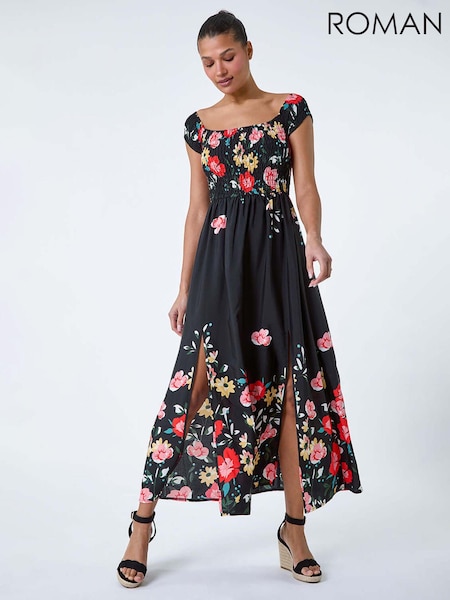 Roman Floral Shirred Bardot Maxi Dress (B48835) | €56