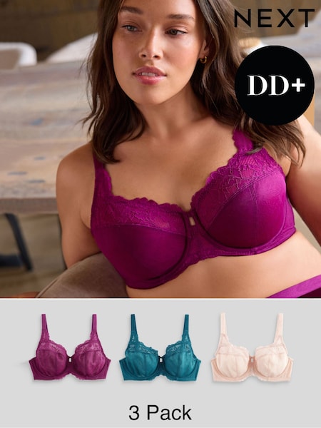 Plum Violet/Albastru verzui Albastru/Light Roz - DD+ Lace Trim Non Pad Full Cup Underwired Bras 3 Pack (B48908) | 184 LEI