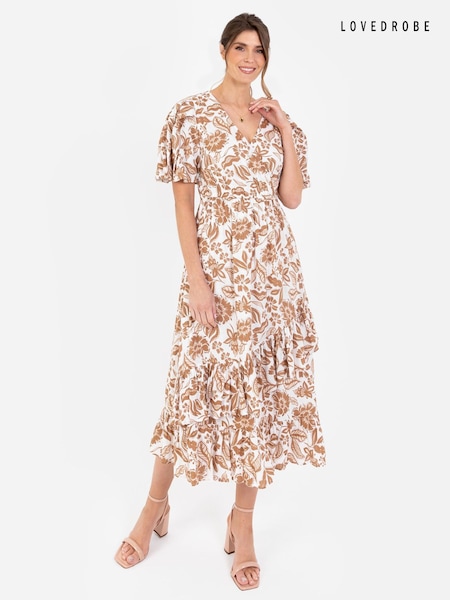 Cream - Lovedrobe Midaxi-Kleid in Wickeloptik mit Rüschensaum, Creme (B49002) | 21 €