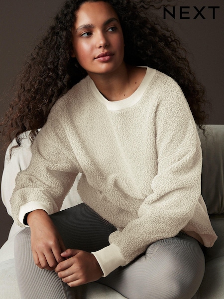 Ecru Print Relaxed Fit Teddy Borg Fleece Cord Back Longline Crew Neck Sweatshirt (B49042) | €35