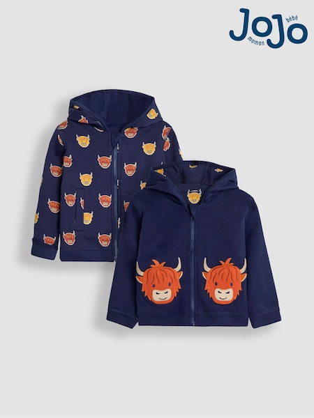 JoJo Maman Bébé Navy Blue & Orange Highland Cow Appliqué Reversible Hoodie (B49070) | €45
