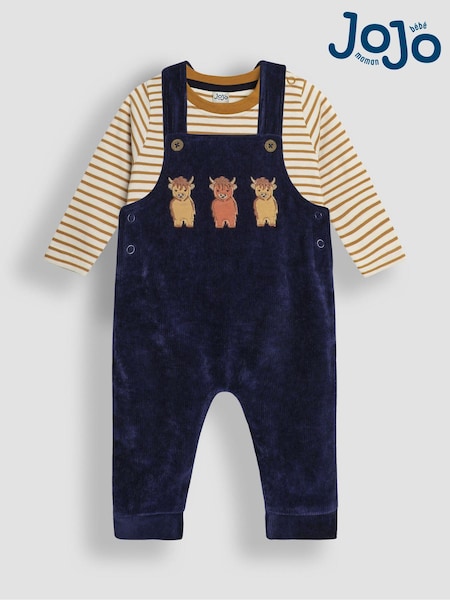 JoJo Maman Bébé Navy Blue Highland Cow Appliqué Velour Dungarees And Top Set (B49215) | €47