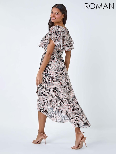 Roman Black Leaf Print Chiffon Midi Wrap Dress (B49293) | 161 QAR