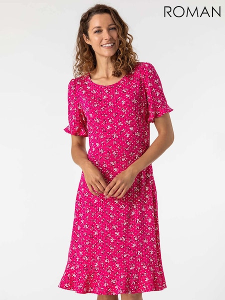 Roman Pink Floral Print Fluted Hem Dress (B49298) | R$ 510