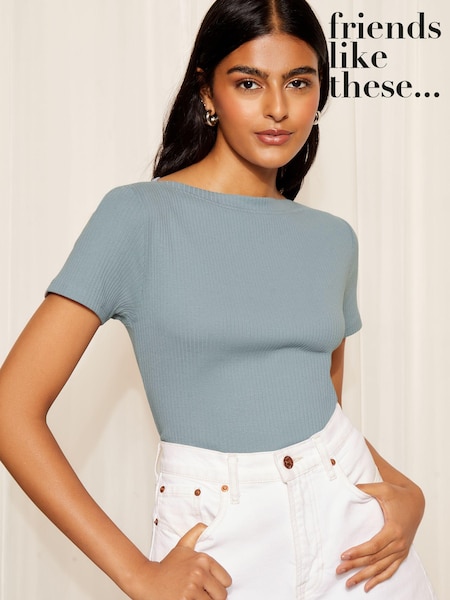 Sininen - Friends Like These Lyhyt hiha Jersey Cotton Ribbed Boat Neck T-paita (B49332) | €24