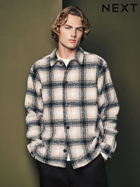 Ecru Natural Wool Blend Check Shacket Overshirt (B49385) | €35