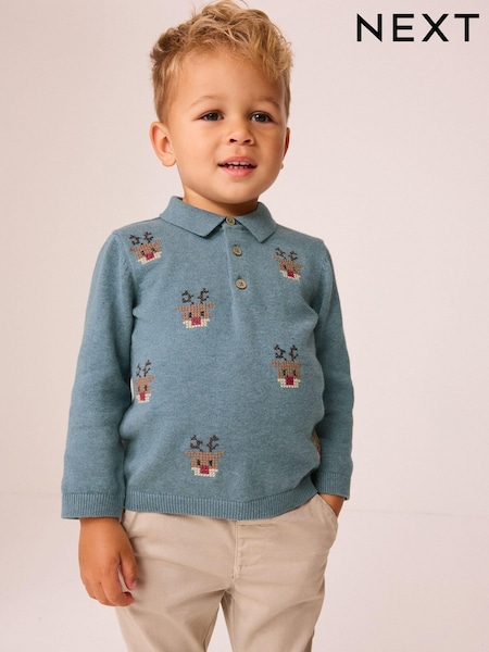 Blue Reindeer 100% Cotton Christmas Long Sleeve Knitted Polo Shirt (3mths-7yrs) (B49399) | AED53 - AED60