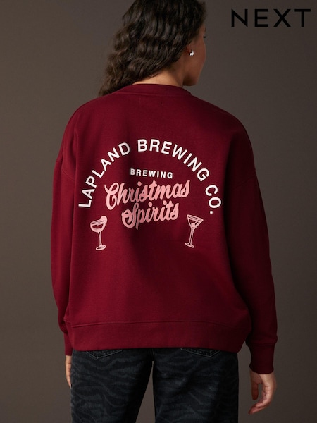 Burgundy Red/Berry Festive Spirits Christmas Lapland Brewing Co Fun Graphic Crew Neck Sweatshirt (B49460) | AED93