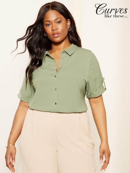 Curves Like These Green Short Sleeve Relaxed Button Through Shirt (B49529) | 1,983 UAH