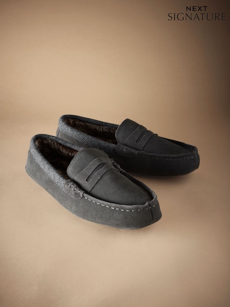 Grey Signature Suede Faux Fur Lined Moccasin Slippers (B49546) | €36