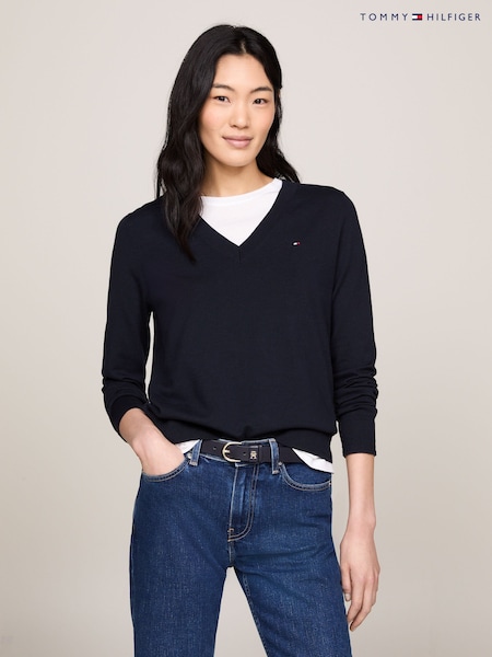 Azul - Tommy Hilfiger Jersey Stitch V-Neck Dress (B49672) | R$ 985
