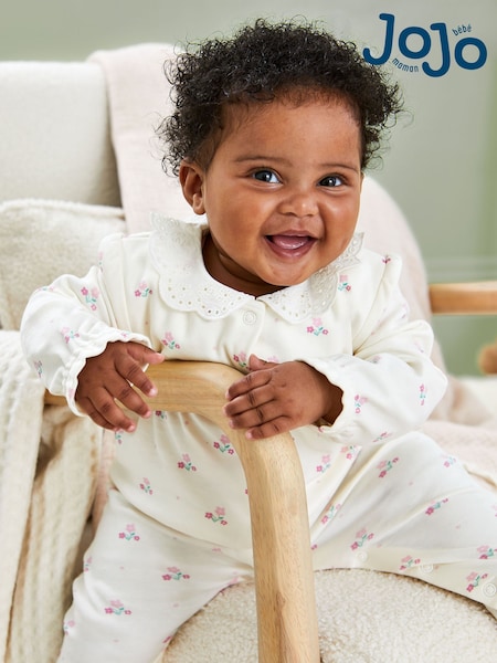 JoJo Maman Bébé White Floral Pretty Printed Collar Sleepsuit (B49687) | €37