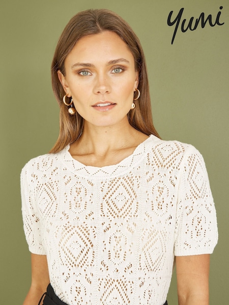 Yumi White Cotton Crochet Knitted 100% Cotton Top (B49718) | ₪176