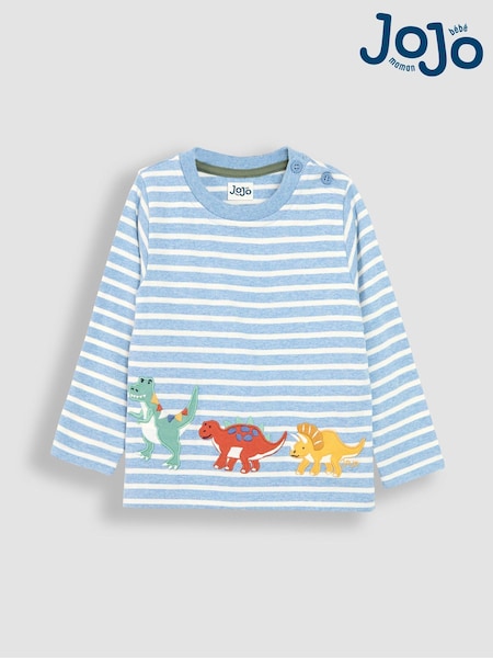 JoJo Maman Bébé Blue Ecru Stripe Dinosaur Appliqué Border Top (B49882) | €30