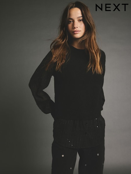 Black Sparkle Sequin Shirt Layer Knitted Jumper (B49991) | €28