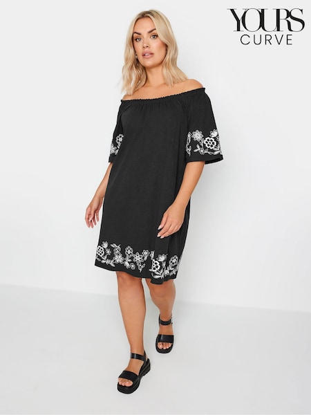 Yours Curve Black 100% Cotton Embroidered Bardot Dress (B50032) | €40
