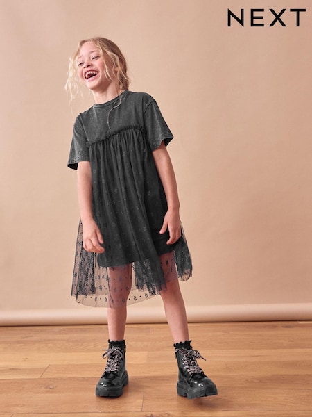 Washed Black Lace 100% Cotton T-Shirt Dress (3-16yrs) (B50081) | €8.50 - €12