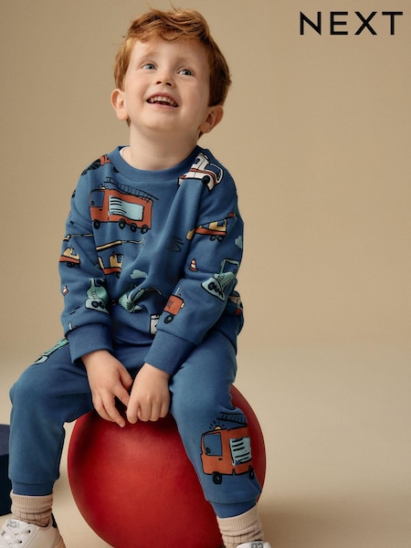 Albastru cu model vehicule - Set Larg bluză și pantaloni de trening cu imprimeu cu personaje pe Pantaloni de sport (3ms-7yrs) (B50116) | 93 LEI - 114 LEI