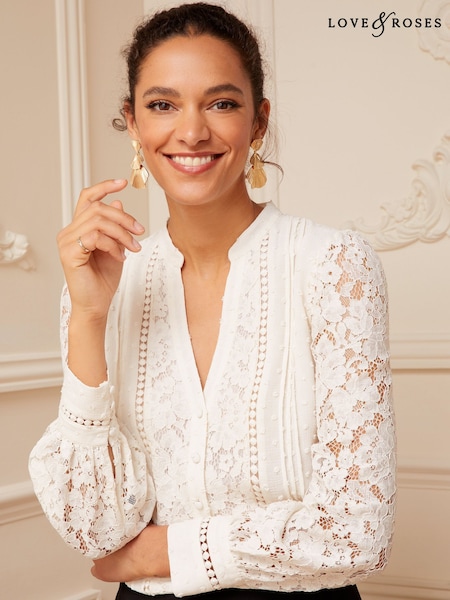 Love & Roses Ivory White Lace Mix Button Through Long Sleeve Blouse (B50124) | €25