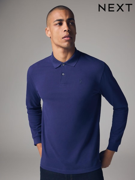 Navy Blue Bright Long Sleeve Pique Polo Shirt (B50180) | €29