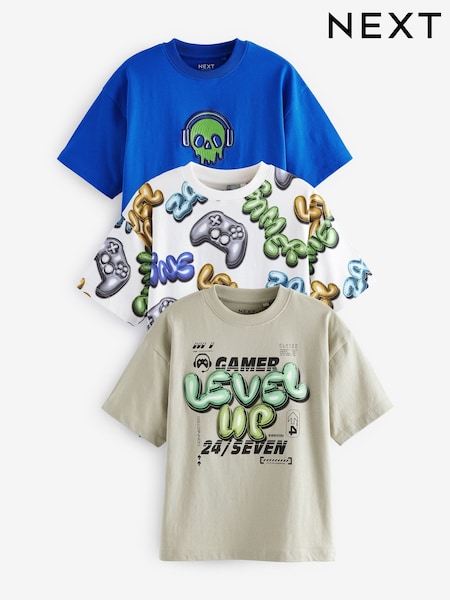 Cobalt Blue/Ecru Cream Relaxed Fit Graphic 100% Cotton Short Sleeve T-Shirts 3 Pack (3-16yrs) (B50208) | 76 QAR - 97 QAR