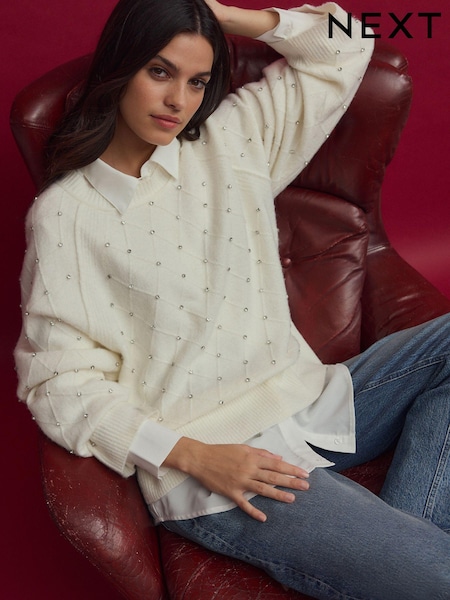 White Ecru Sparkle Shirt Layer Gem Embellished Argyle Knitted Jumper (B50350) | € 57