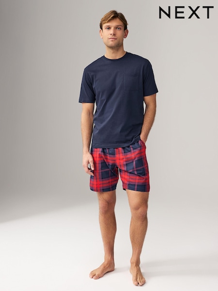 Navy Blue/Red 100% Cotton Check Pyjamas Shorts Set (B50570) | AED67