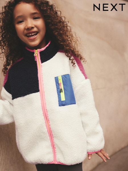 Ecru White Colour Block Borg Zip Through Jacket (3-16yrs) (B50691) | 89 QAR - 114 QAR