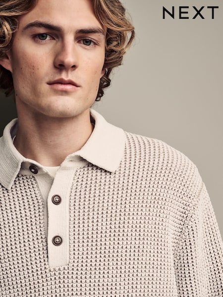 Ecru White Relaxed Fit Chenille Texture Polo Shirt (B50753) | €18
