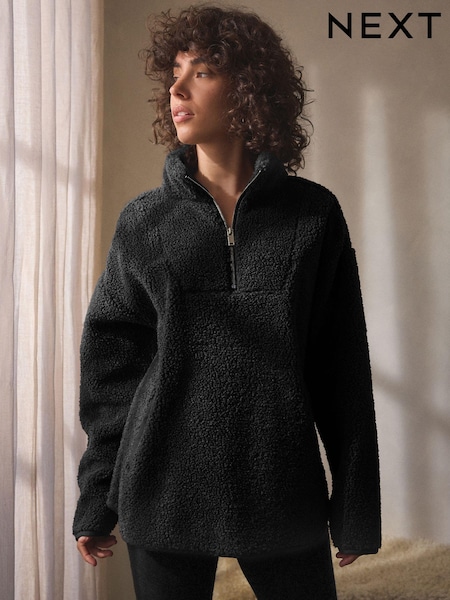 Black Velour Lined Borg Half Zip Fleece (B50805) | €41
