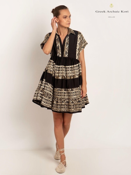 Greek Archaic Kori Embroidered 100% Cotton Tiered Black Mini Dress (B50854) | €141