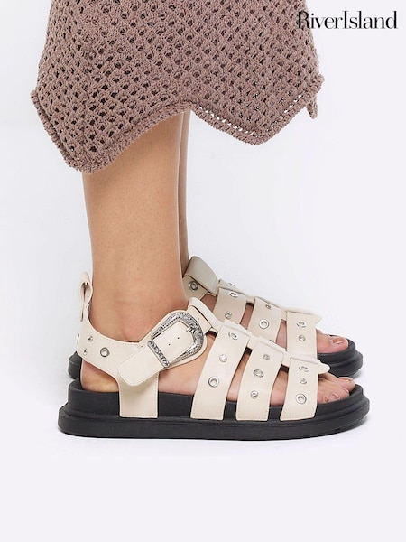 River Island Ecru Studded Fisherman Flatform Sandals (B50864) | €51