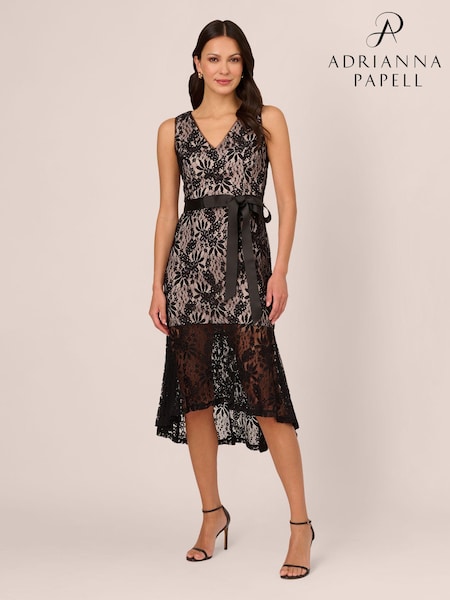 Adrianna Papell Lace Midi Flounce Black Dress (B50885) | €89