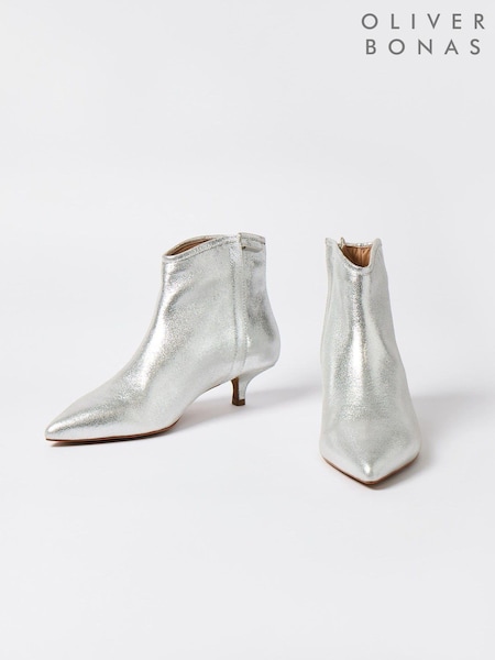 Oliver Bonas Silver Pointed Kitten Heel Leather Boots (B50887) | €70