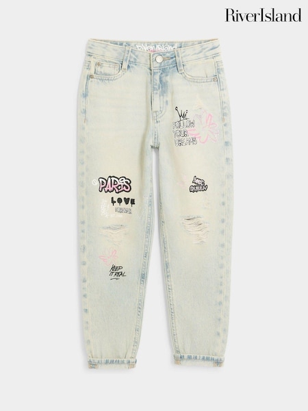 River Island Blue Mom Girls Paris Graffiti 100% Cotton Jeans (B50916) | €40 - €50