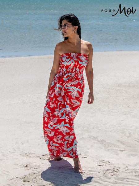 Pour Moi Red Leaf Strapless Shirred Bodice Woven Maxi Beach Dress (B50972) | ₪226