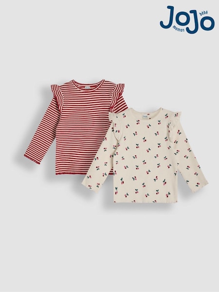 JoJo Maman Bébé 2-Pack Cherry & Stripe Frill Rib Tops (B51009) | 35 €