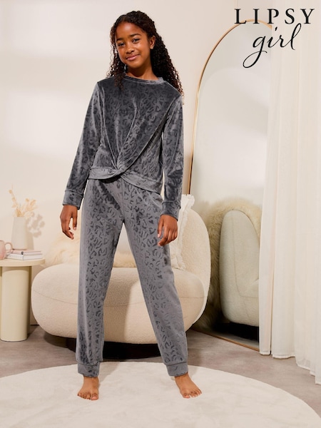 Lipsy Grey Animal Velour Cosy Knot Front Pyjamas (5-16yrs) (B51041) | AED97 - AED128
