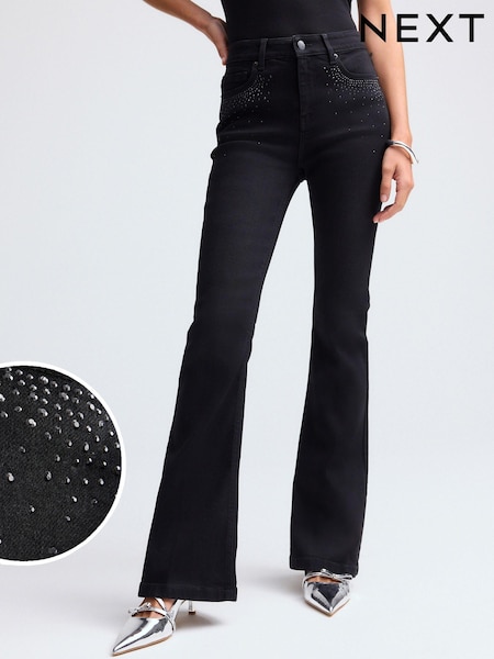 أسود - Embellished Supersoft Flare Jeans (B51044) | ‏100 د.إ.‏